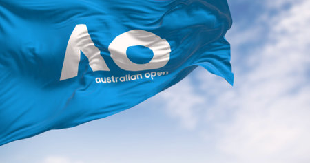 Melbourne, AU, Dec 1 2023: Close-up of Australian Open flag waving. Tennis tournament held annually...