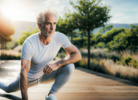 Active mature man stretching in a tranquil outdoor setting at sunrise.の素材