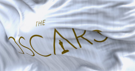 Los Angeles, US, Feb. 12 2023: Close-up of The Oscars white flag waving. The Academy Awards are the most prestigious award in the film industry. Illustrative editorial 3d illustration renderのeditorial素材