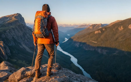 An adult hiker stands atop a mountain, gazing at the sunrise over a serene valley, embracing the beauty and solitude of natureの素材