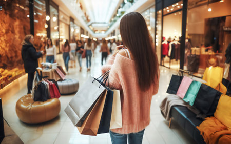 A young woman in her 20s, with long hair, casually dressed, is holding shopping bags at a bustling indoor shopping mall.の素材