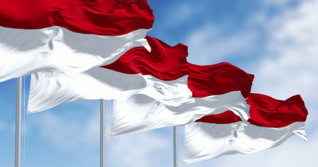 Group of Indonesia national flags waving in the wind on a clear day. Two horizontal red and white stripes of equal width. 3d illustration render. Rippling fabricの写真素材