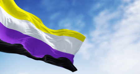 Genderqueer Pride flag featuring horizontal stripes of lavender, white, and dark chartreuse, waving. Non-binary and genderqueer identities representation. 3d illustration render. elective focusの写真素材