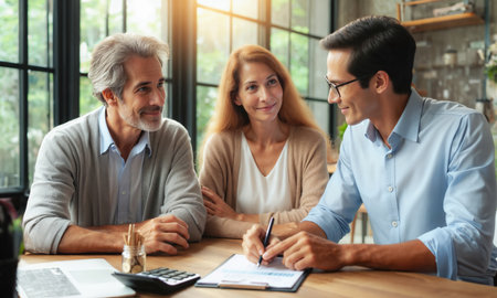 A senior couple consulting with a financial advisor indoors, discussing financial planning, and smiling warmly.の素材