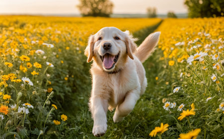 A joyful Golden Retriever puppy running through a vibrant yellow flower field during a sunny day, exuding happiness and energy.の素材