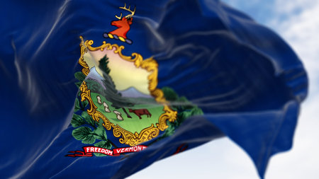 Vermont and the american flags waving in the wind. Blue background with State coat of arms and...