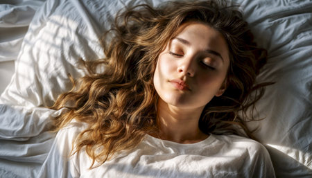 Young woman with long hair sleeping peacefully in a bed with white sheets and soft lighting.の素材