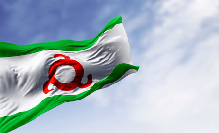 Ingushetia flag waving in the wind on a clear day. Republic and federal subject of Russia nestled in the North Caucasus region. 3D illustration render. Rippling fabric.の写真素材