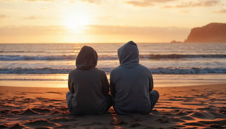 Couple in hoodies sitting on the beach at sunset, looking at the ocean wavesの素材