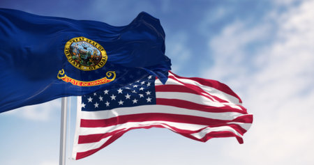 The Idaho state flag waving along with the national flag of the United States of America on a clear day. 3D illustration render. Rippled fabric. Selective focusの写真素材
