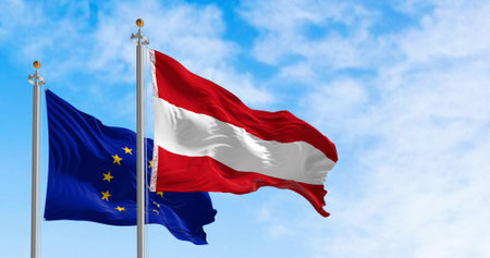Austria and European Union flags waving together on a clear day. Democracy and politics. European country. 3d illustration render. Fluttering fabric. Selective focusの写真素材