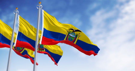 Ecuador national flags waving in the wind on a clear day. The Republic of Ecuador is a presidential republic of South America. 3d illustration render. Fluttering fabricの写真素材