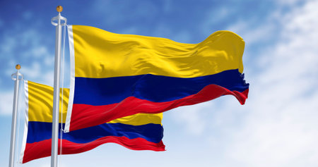 Colombia national flags waving in the wind on a clear day. Horizontal tricolor of yellow, blue, and red. Latin american country. 3d illustration render. Fluttering fabric. Selective focusの写真素材