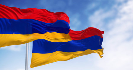 Three Armenia national flags waving in the wind. Three horizontal bands in red, blue and apricot. 3d...