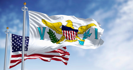 United States Virgin Islands flag waving with the american flag. The Virgin Islands of the US, are...