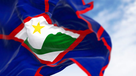 close-up of Sint Eustatius flag waving in the wind on a clear day. Dutch island in the Caribbean. 3d...
