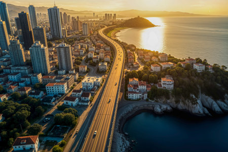 Panoramic aerial view of a vibrant coastal city with skyscrapers, residential buildings, and a highway leading to the sea during sunset. Concept of urban life, architecture, and transportation.の素材