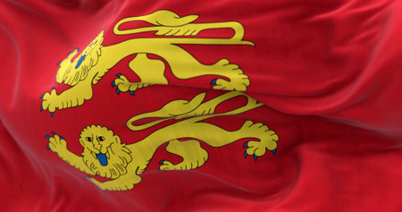 Close-up of of Normandy flag waving in the wind. Normandy is a region in northern France. 3d...