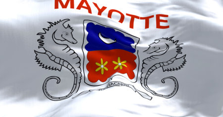 Close-up of Mayotte flag waving in the wind. Overseas department and region of France. 3d illustration render. Fluttering fabric.の写真素材