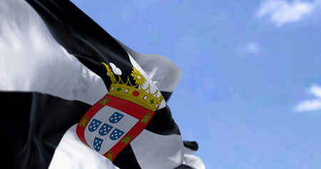 Ceuta flag waving. Ceuta is a Spanish autonomous city. Black and white gyronny with central...