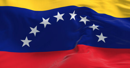 Close-up of Venezuela national flag waving in the wind. Tricolor of yellow, blue and red with an arc of eight white five-pointed stars in the center. 3d illustration render. Selective focusの写真素材