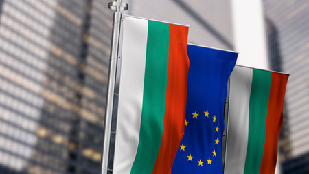 Bulgaria and European Union flags in front of a modern corporate cityscape. Concept of business,...