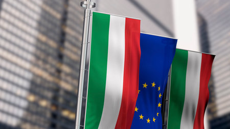 Flags of Italy and the European Union in a financial district, symbolizing corporate partnership, investment, and economic deals.の写真素材