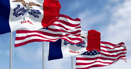 Flags of Iowa and the USA, symbolizing the Iowa Caucuses, presidential elections, and agriculture in the American heartland.の写真素材