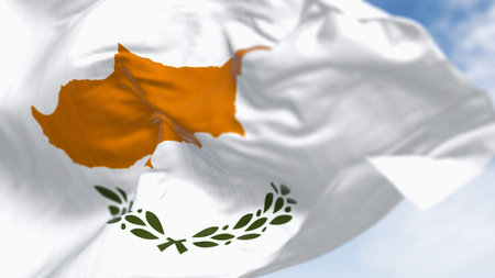 Cyprus national flag waving on a clear day. White flag with two olive branches under the dark orange map of the whole island. 3d illustration render. Fluttering fabric. Close-up. Selective focusの写真素材
