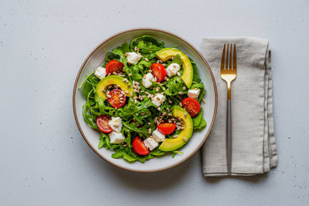 A fresh green salad with avocado, cherry tomatoes, and feta cheese in a bowl. A perfect concept for healthy eating, a balanced diet, and vegetarian meals.の素材