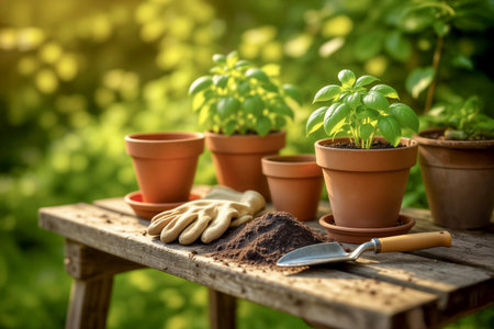 Fresh basil plants in terracotta pots on a rustic wooden table with soil and tools. An outdoor summer gardening scene, a concept for organic cultivation.の素材