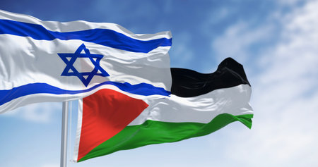 Flags of Israel and Palestine waving together in the wind on a clear day. Israel Palestine conflict. Cease fire and peace treaty. 3d illustration render. Waving fabricの写真素材