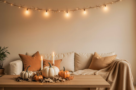 Modern minimalist living room styled for autumn with pumpkins, lit candles, and fall leaves on a wooden table. Cozy interior with string lights, soft lighting, and neutral decor for seasonal warmth.の素材