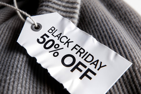 A close-up of a Black Friday 50% OFF sale tag on gray knitwear, perfect for promotions, shopping deals, and seasonal discounts.の素材