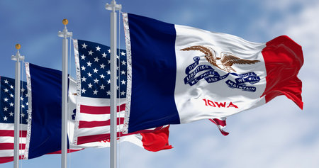 Flags of Iowa and the USA, symbolizing the Iowa Caucuses, presidential elections, and agriculture in the American heartland.の写真素材