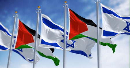 Flags of Israel and Palestine waving together in the wind on a clear day. Israel Palestine conflict. Cease fire and peace treaty. 3d illustration render. Waving fabricの写真素材