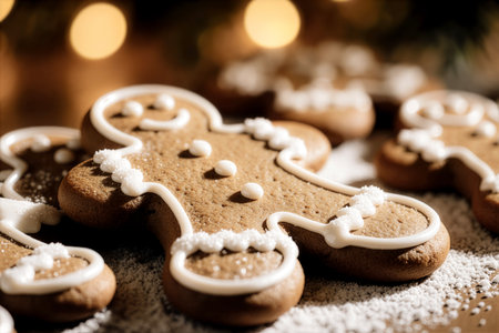 Extreme closeup of a freshly baked Christmas gingerbread cookie with white icing and sparkling sugar, shot in warm golden light with soft festive bokeh for holiday food themes.の素材