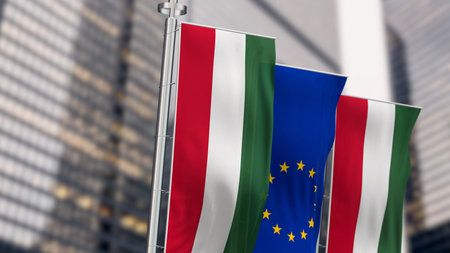Flags of Hungary and the European Union fluttering together. 3d illustration render. Selective focus