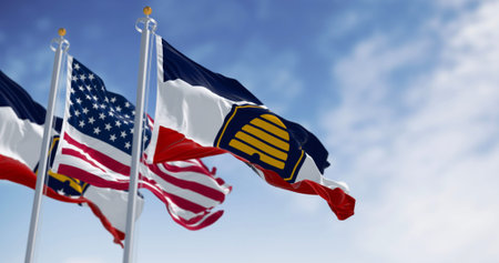 The Beehive Flag of Utah and the american flag waving on a clear day. 3d illustration render. Rippled fabric. Selective focusの写真素材