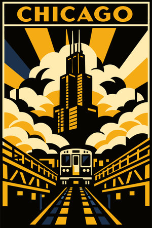 Art Deco style Chicago travel poster illustration featuring the Willis Tower and an elevated train...