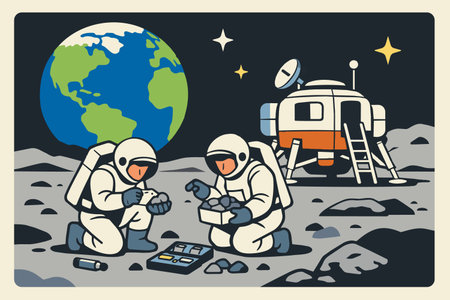 Vector illustration of astronauts collecting moon rocks near a lunar lander. Earth visible in the...