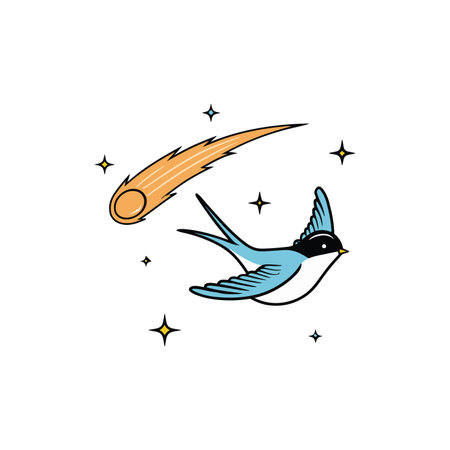 illustration of a swallow flying with a shooting starのイラスト素材