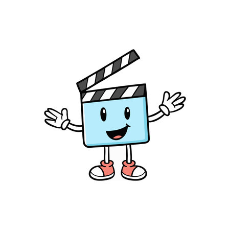 Illustration of a movie clapper board mascot with waving handのイラスト素材