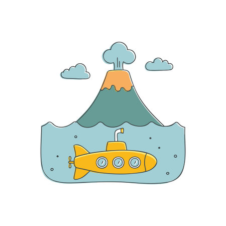 Submarine near an underwater volcano doodle illustrationのイラスト素材