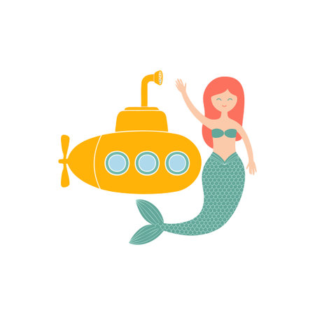 Submarine and a mermaid doodle illustrationのイラスト素材