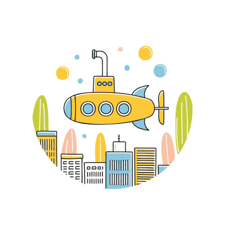 Submarine with an underwater city doodle illustrationのイラスト素材