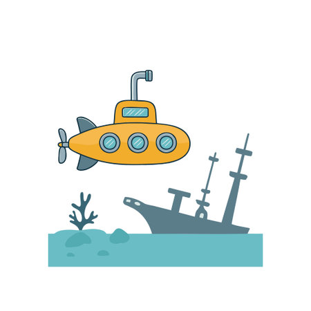 Submarine near a shipwreck doodle illustrationのイラスト素材