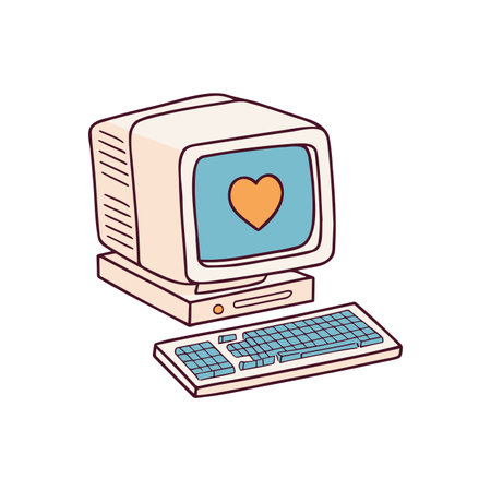 Illustration of an isometric retro computer with heart simple doodle