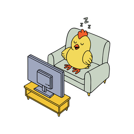 Illustration of sleepy chicken sitting on the sofa watching a tvのイラスト素材