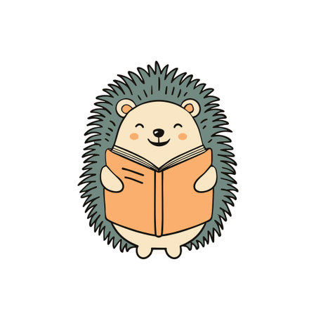 Doodle illustration of a cute hedgehog reading a bookのイラスト素材